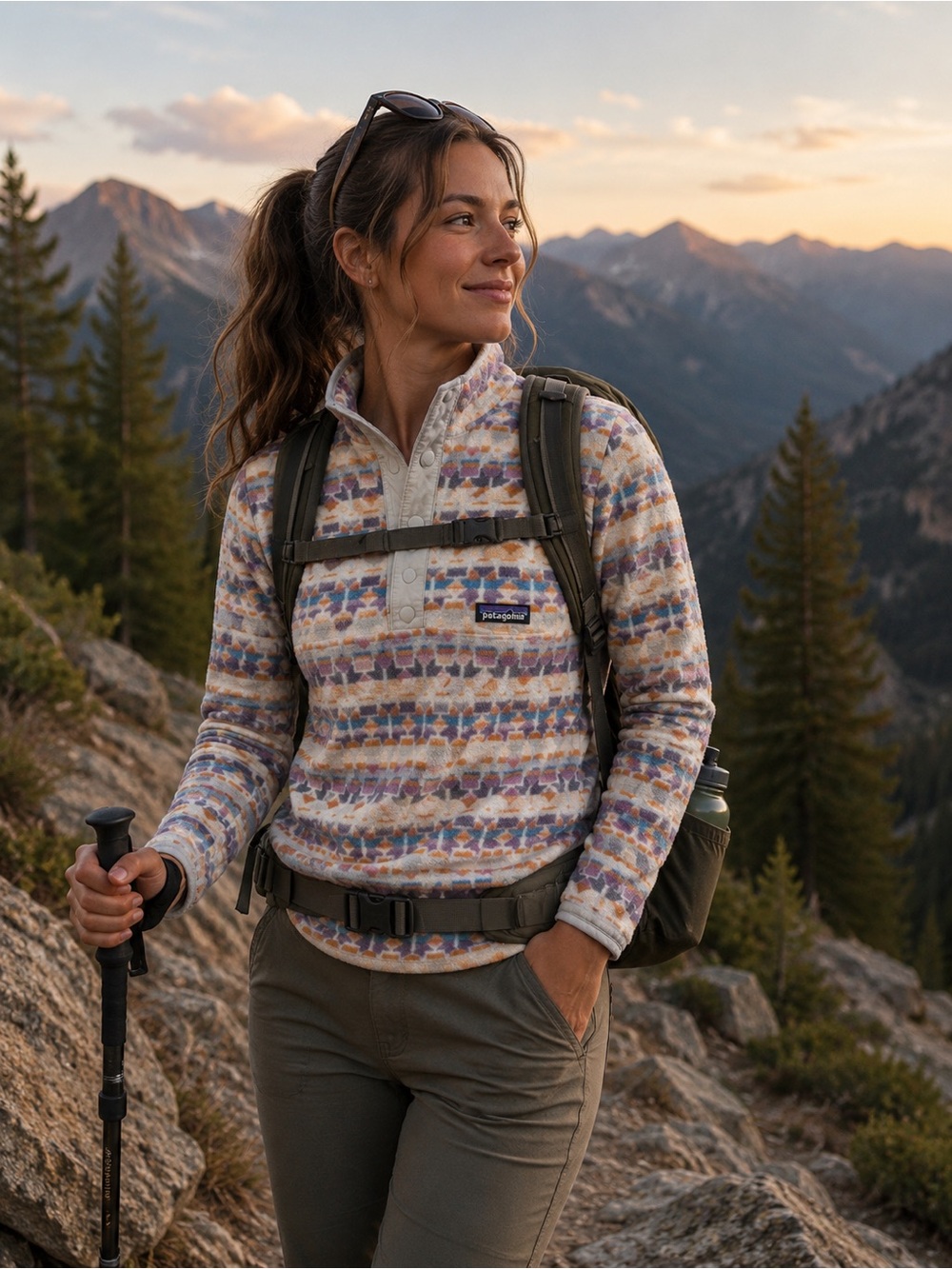 Patagonia Cream, Blue & Brown Patterned Snap‑T Fleece Pullover